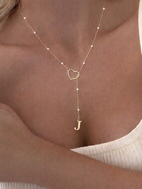 Initial J Heart Y Necklace | Pearl Beaded Lariat Minimalist Jewelry
